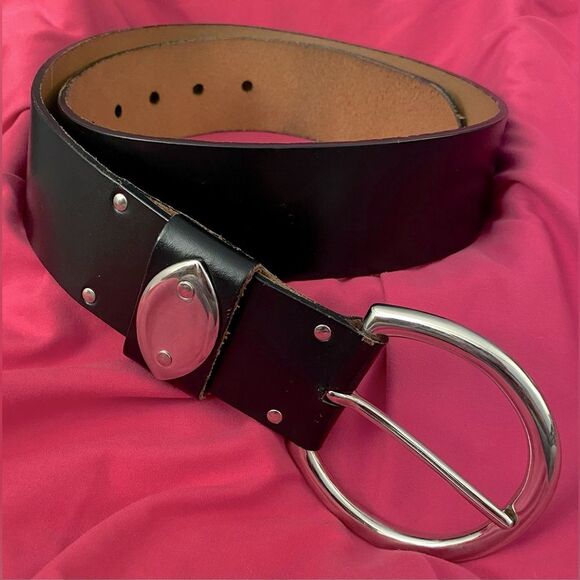 Vtg Pierre Cardin Large Silver Tone Buckle on 2” Black Leather Statement Belt - Picture 1 of 11